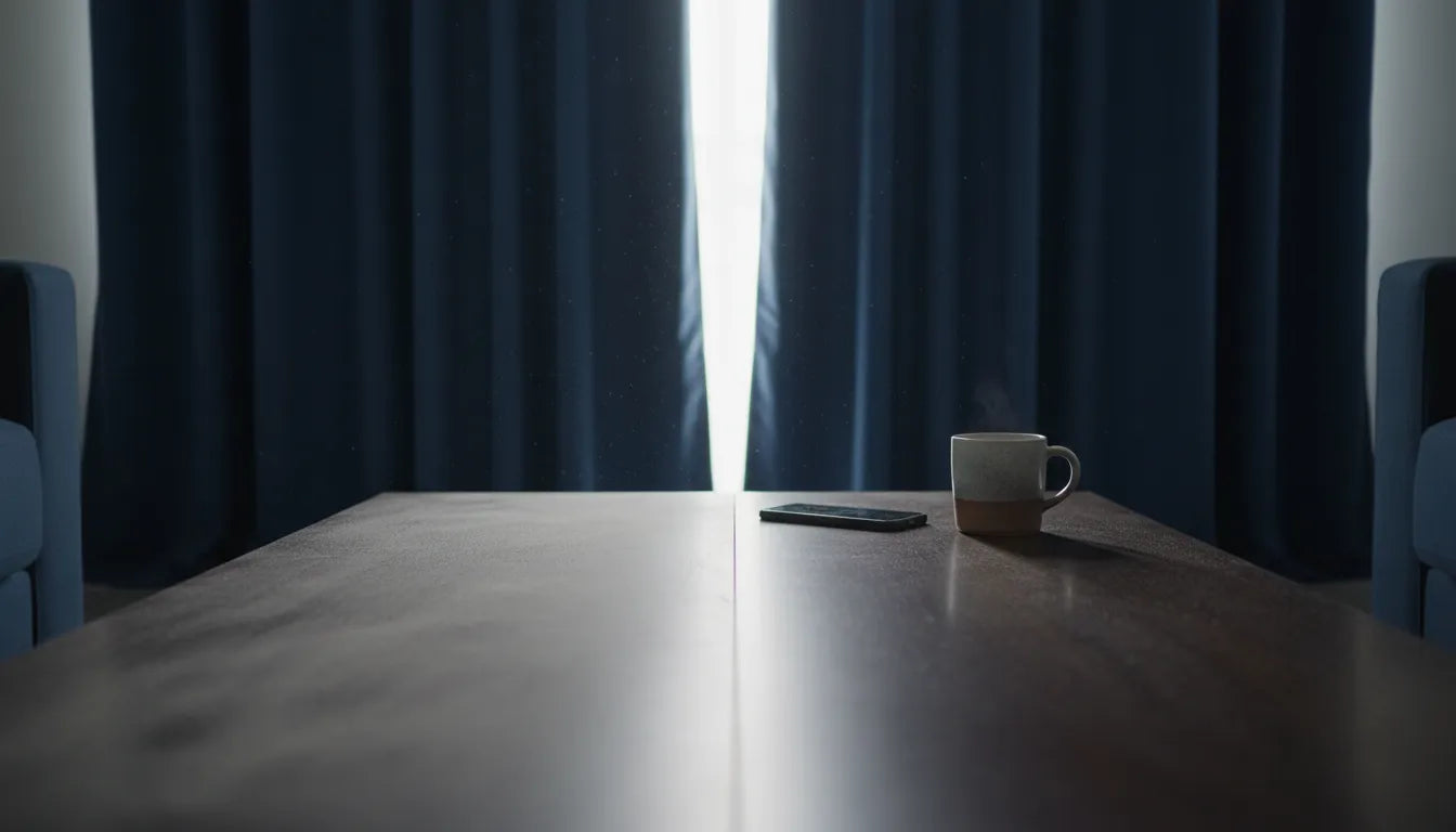 Photographie réaliste de poussière sur un meuble en bois avec un rideau épais bleu marine en arrière-plan.