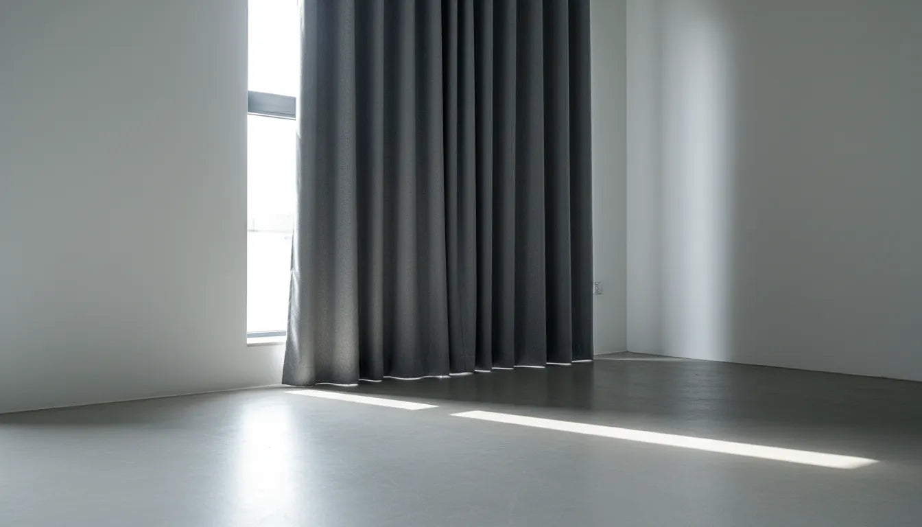 Vue d'un angle de pièce vide illustrant les surfaces réverbérantes et la présence d'un textile isolant pour réduire l'écho.