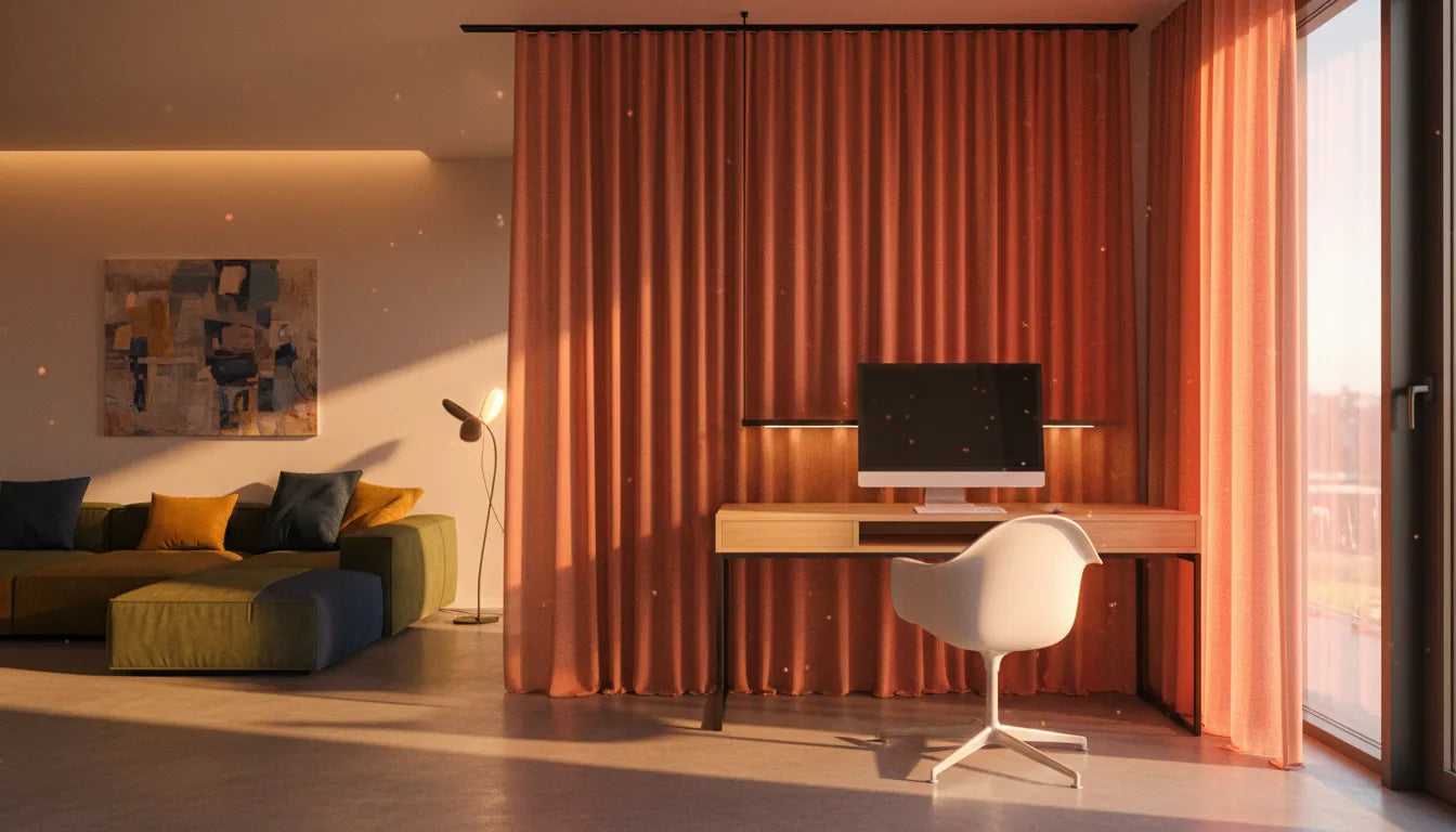 Photographie réaliste d'une zone de travail moderne délimitée dans un salon par un rideau épais de couleur terracotta.