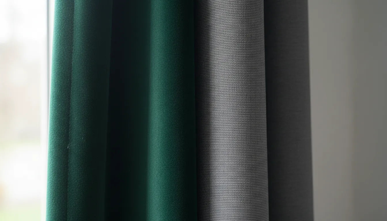 Comparaison détaillée des textures entre un tissu de rideau occultant en velours vert et un textile en polyester gris.