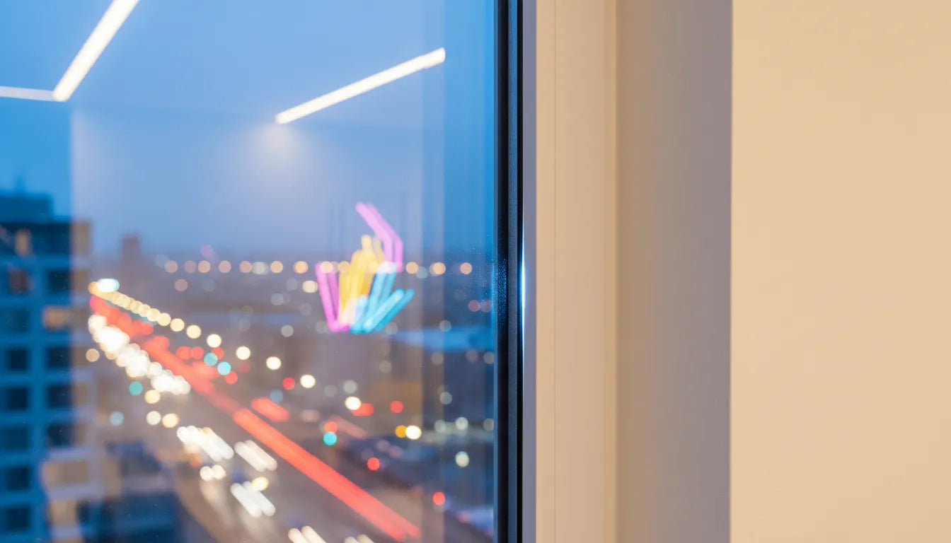 Photographie rapprochée montrant une fenêtre avec une infiltration d'air visible entre le cadre et le battant durant la nuit.