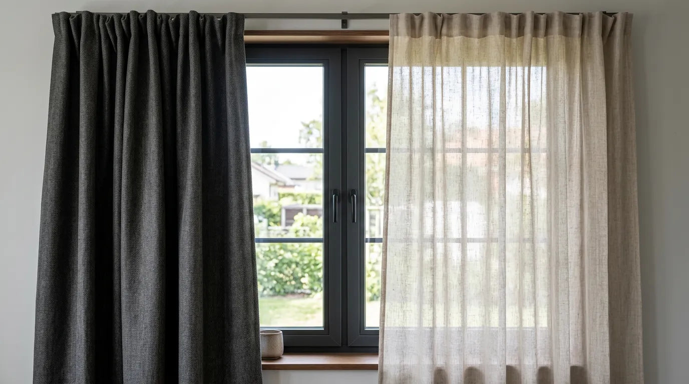 Comparaison entre un rideau occultant épais et un rideau standard plus léger devant une fenêtre
