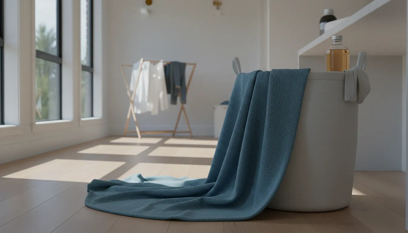 Photographie réaliste d'un grand rideau bleu en cours d'entretien dans une buanderie moderne et lumineuse.