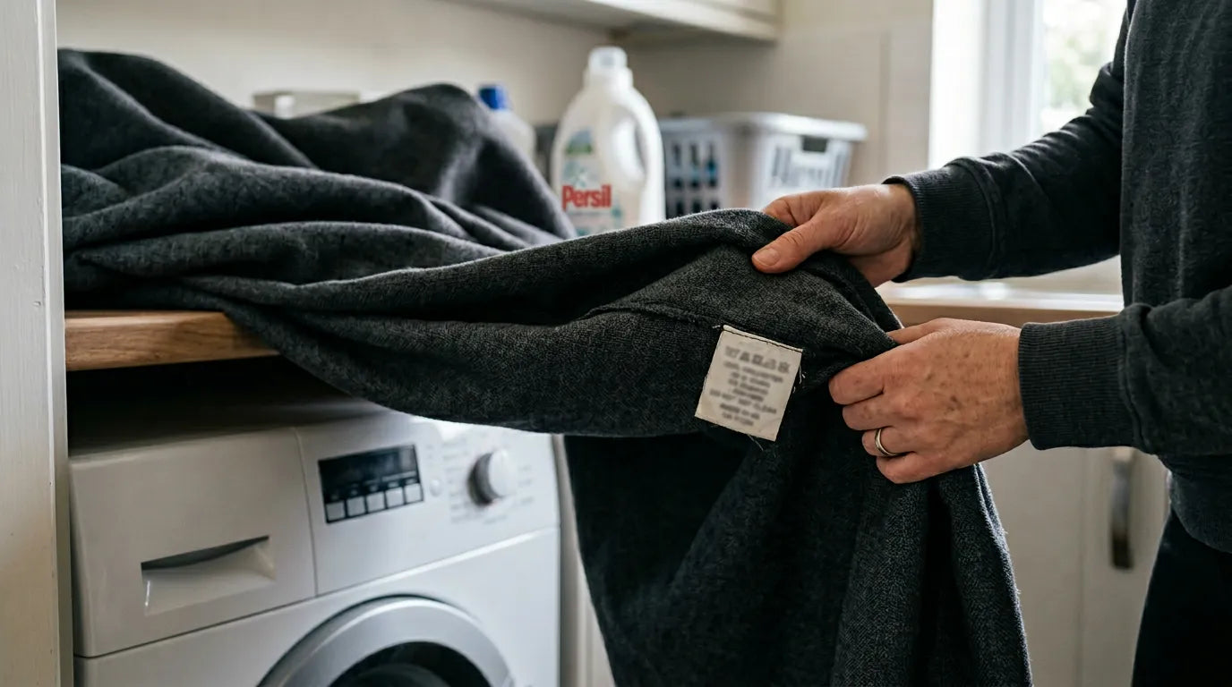Personne tenant un rideau occultant épais avant son lavage près d’une machine à laver
