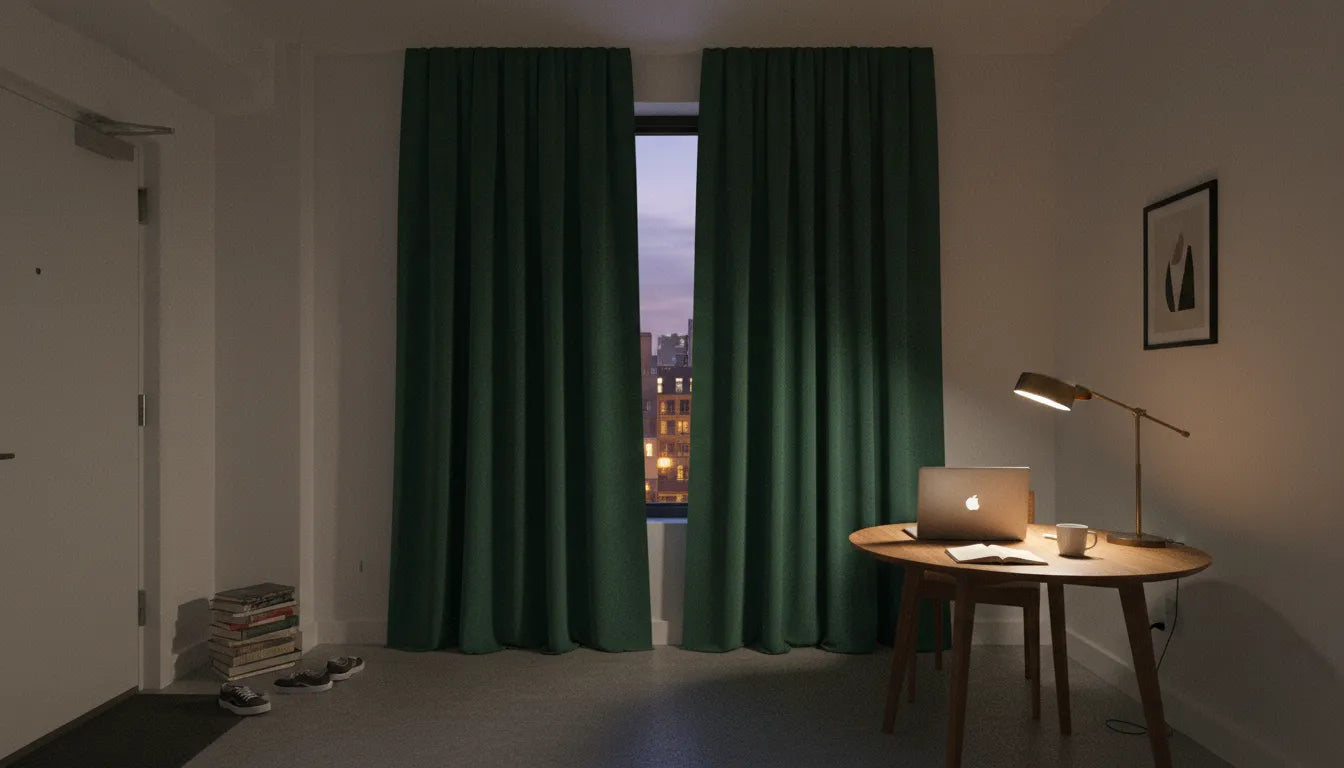 Photographie d'un studio urbain moderne et habité avec un rideau épais vert forêt gérant la lumière du soir.