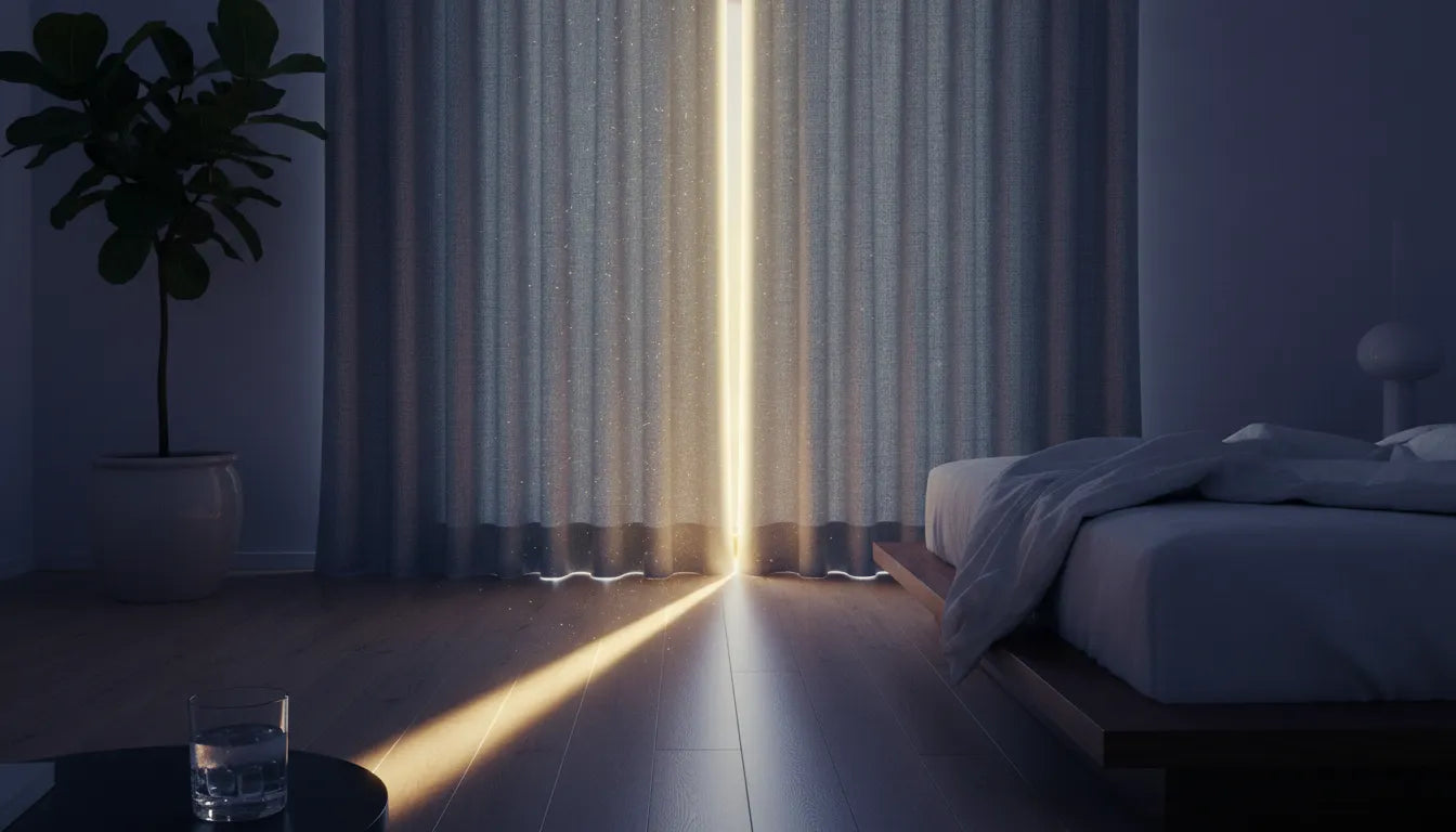Photographie d'un rideau thermique épais bloquant la lumière intense du soleil dans une chambre exposée plein sud.