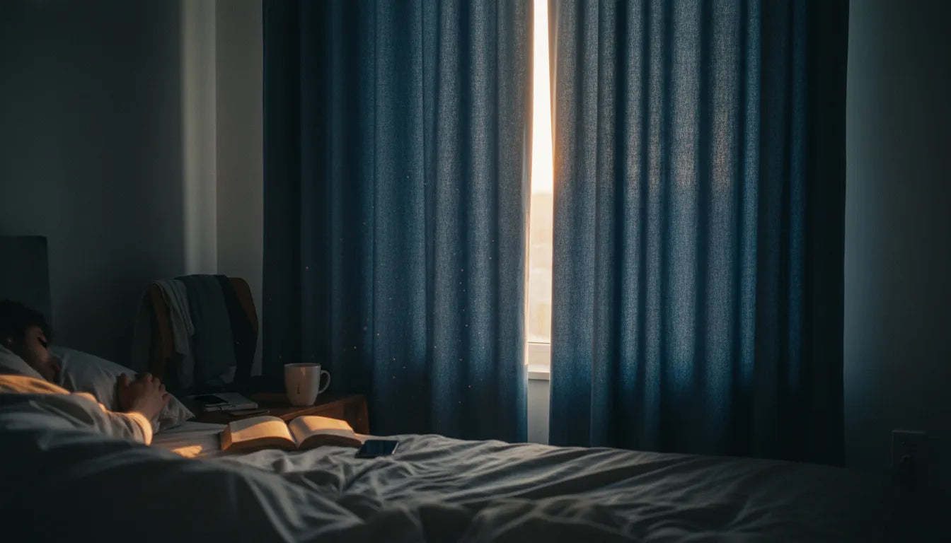 Photographie d'un rideau occultant épais bleu pétrole bloquant la lumière intense du lever du soleil dans une chambre désordonnée.