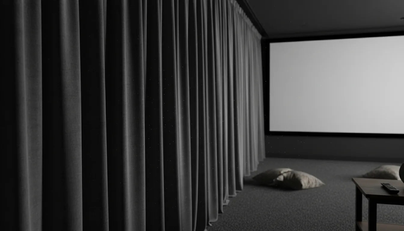Rideau occultant gris anthracite installé dans une pièce de vie équipée pour la vidéoprojection.