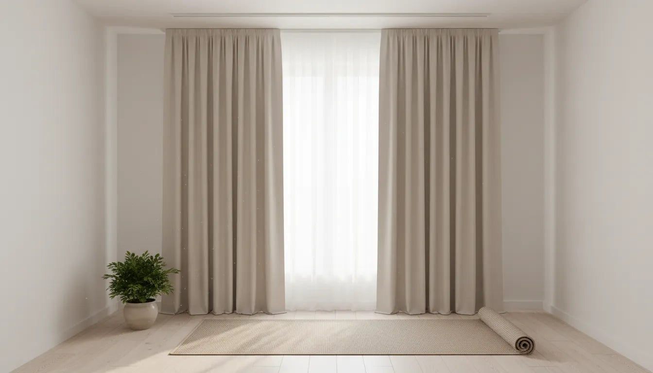 Rideaux occultants de couleur beige clair fixés au plafond et tombant jusqu'au sol dans une pièce aux murs blancs.