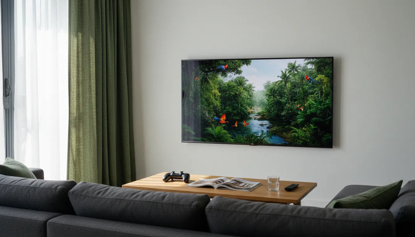 Photographie d'un salon moderne où un rideau épais bloque la lumière du soleil pour éviter les reflets sur l'écran de télévision.