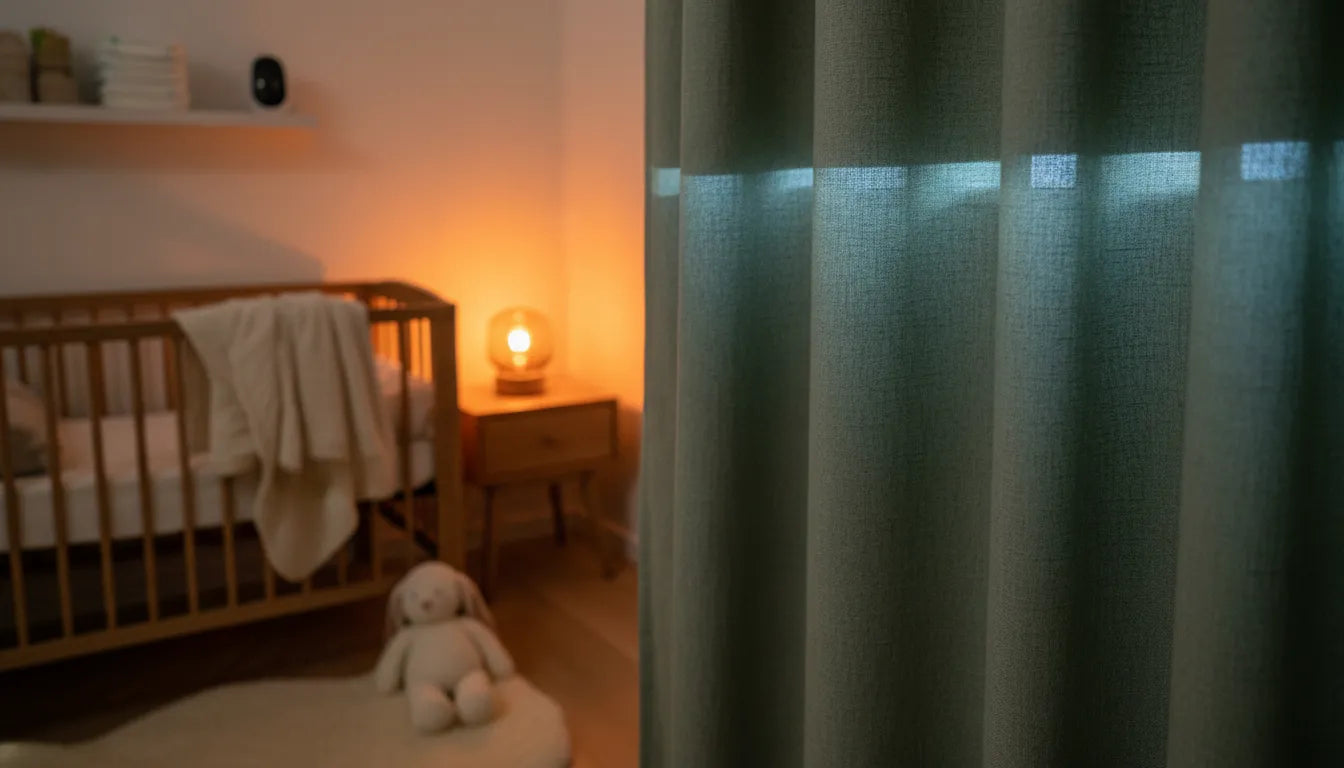 Photographie d'une chambre de bébé chaleureuse protégée par un rideau thermique épais pour réguler la température.